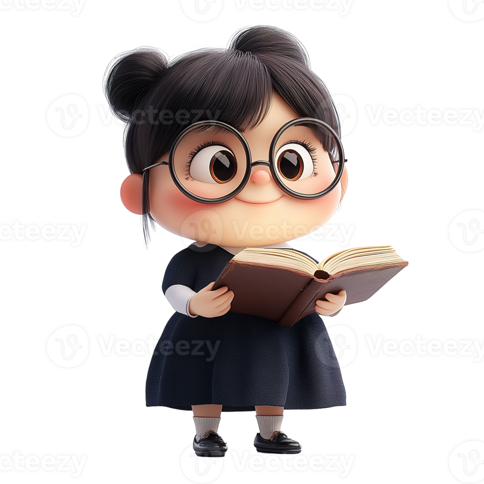 A cute cartoon girl reading a book while wearing glasses png