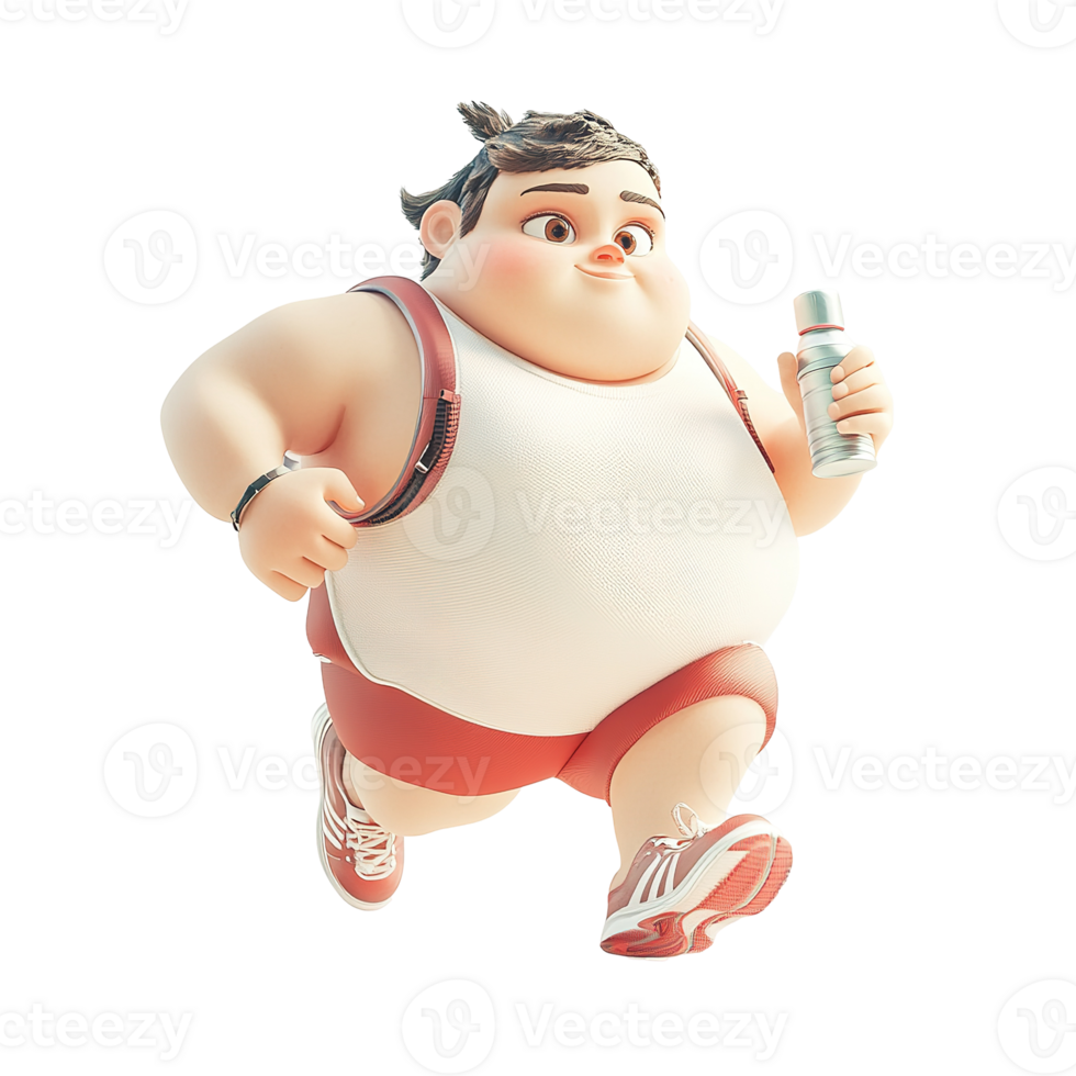 A chubby cartoon person is actively running and holding a bottle png