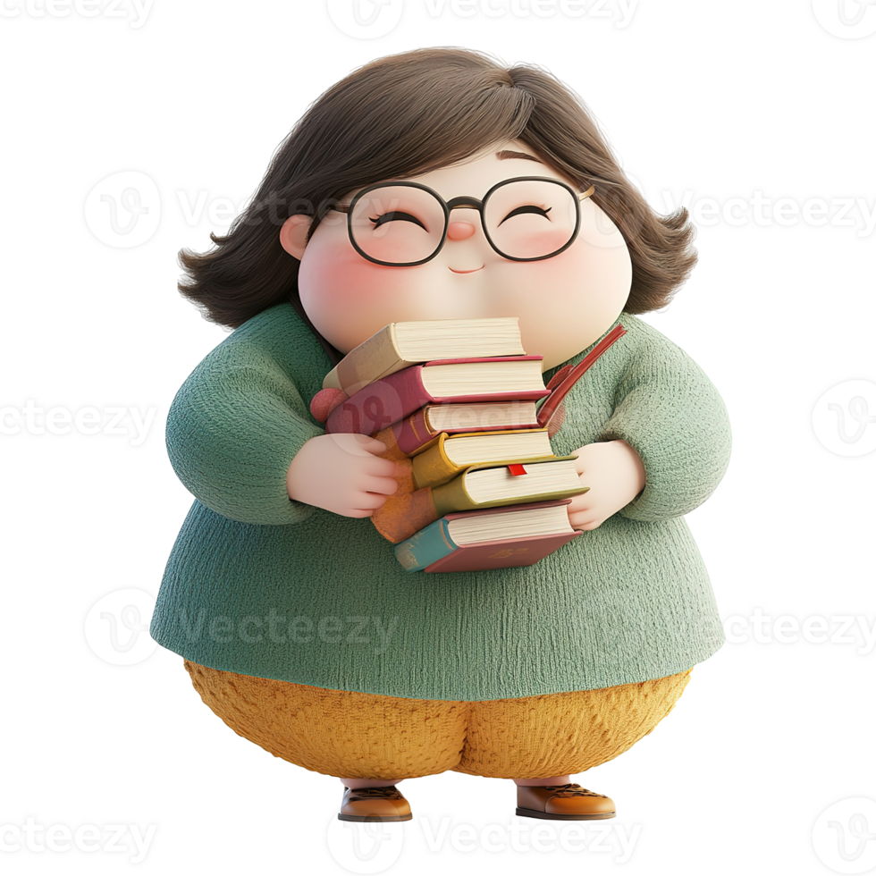A happy cartoon character holding many colorful stacked books png