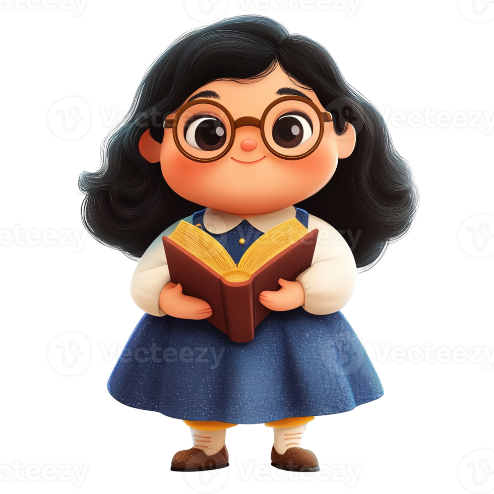 A cartoon girl is holding an open book and wearing glasses png
