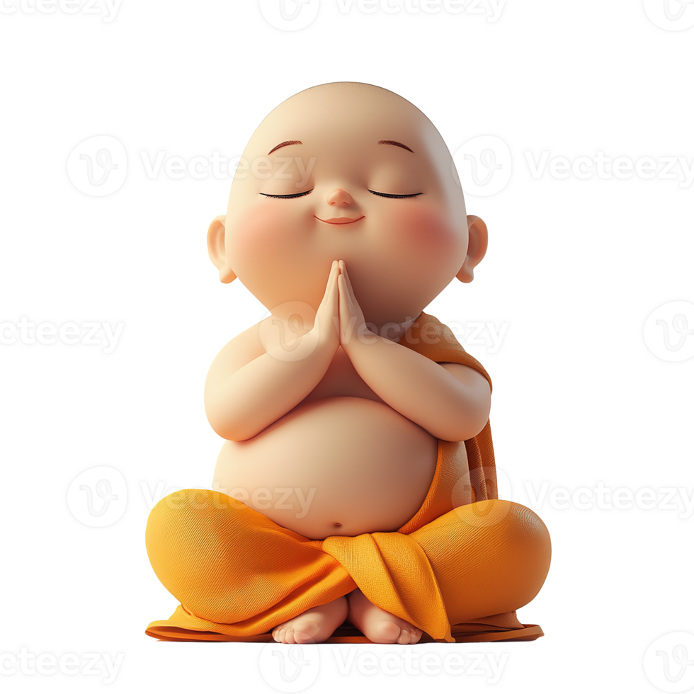 An adorable cartoon baby monk meditating with peaceful closed eyes png