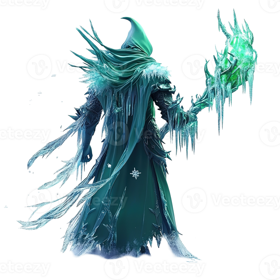 A fantastical character adorned in icy garb stands with a staff png