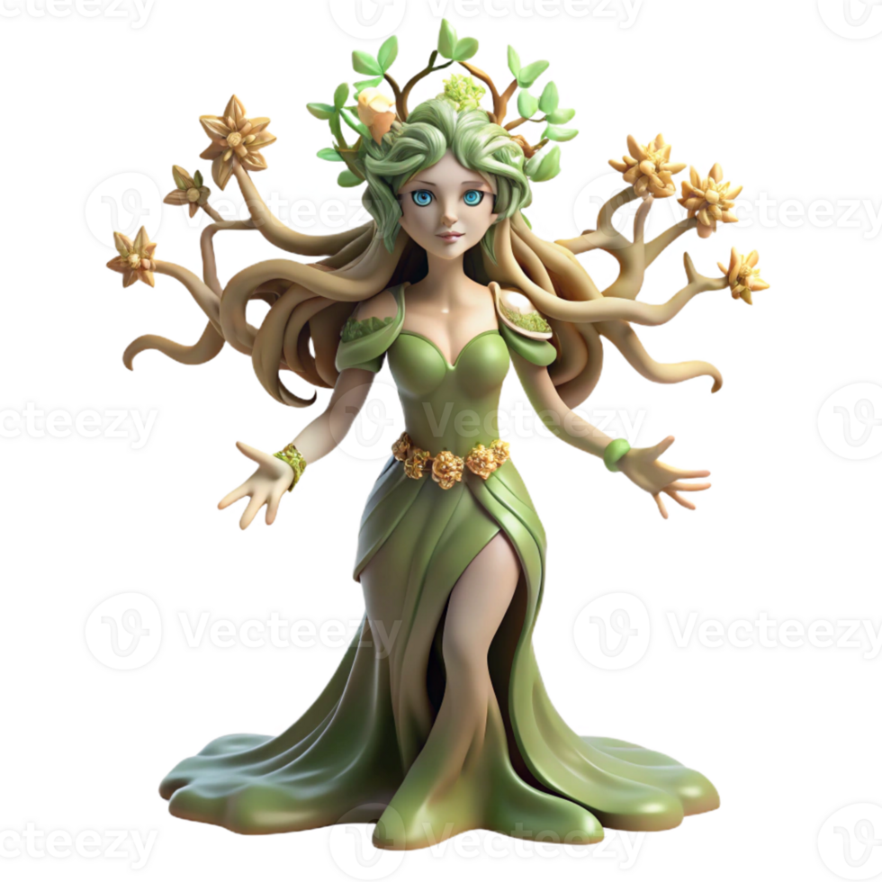 beautiful abstract A graceful dryad emerging from an ancient oak, adorned with vines and blossoms, lit by dappled sunlight, in the style of Art Nouveau 4K png