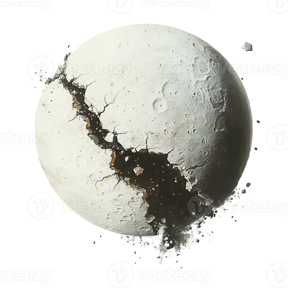 A fractured celestial sphere with a textured and cracked surface png