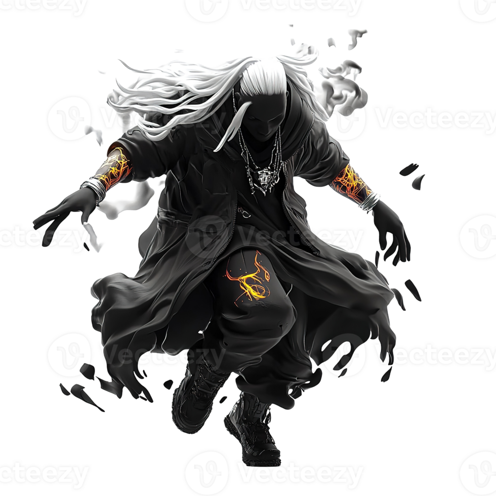 An enigmatic figure in a long coat with fiery details png