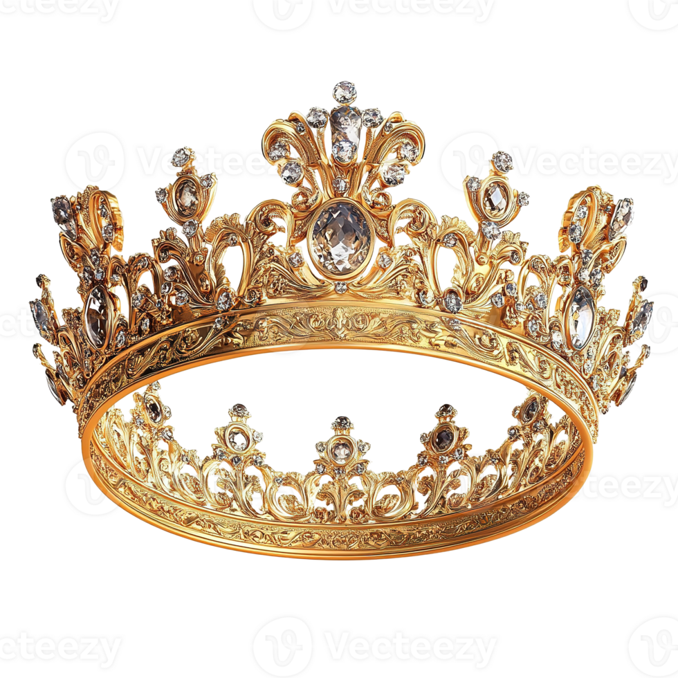 An ornate golden crown decorated with sparkling jewels is presented png