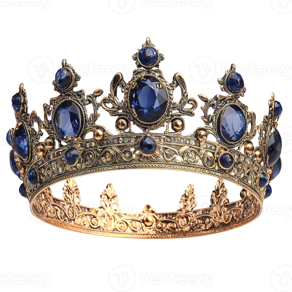 A regal antique golden crown adorned with blue jewels appears png