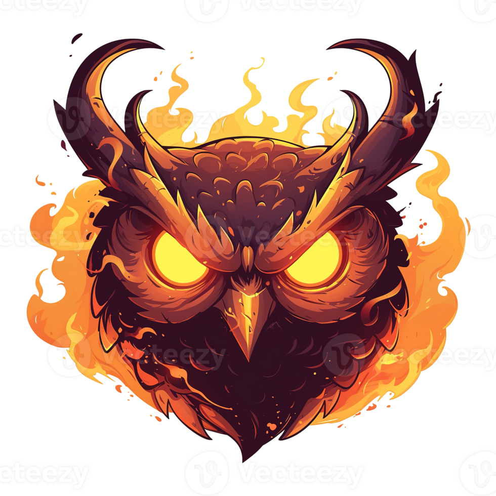 An angry owl with flaming feathers and intense glowing eyes png