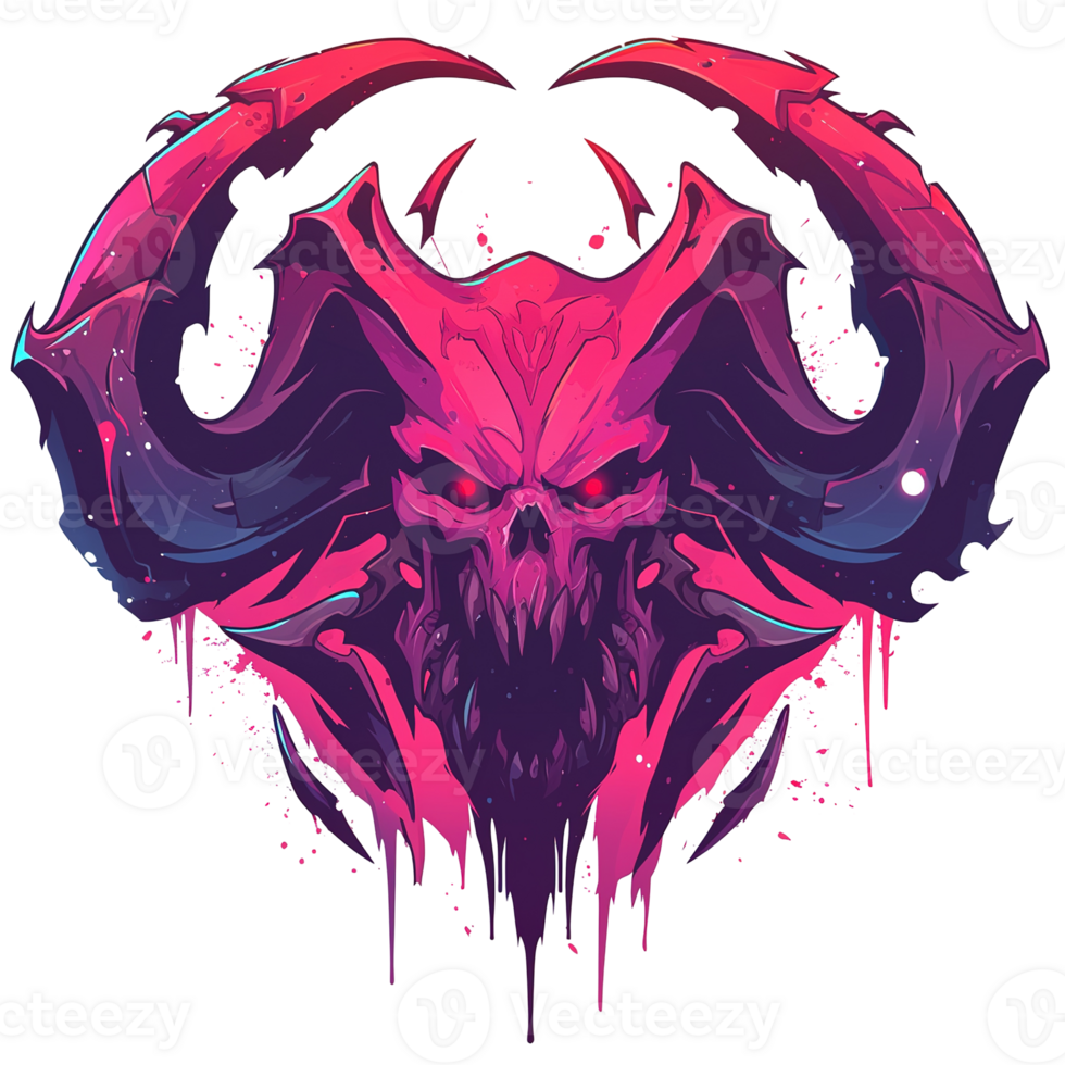 A stylized illustration of a demonic skull with horns in a heart shape png