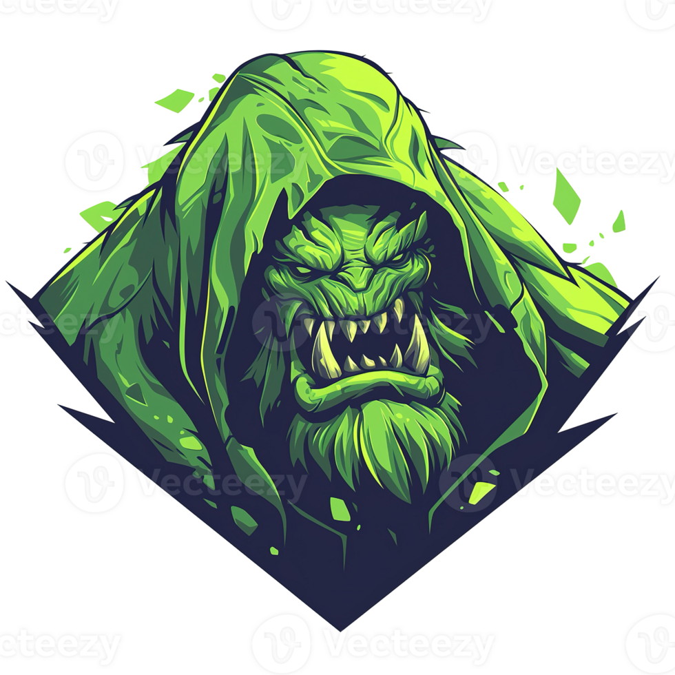 Fierce green hooded monstrous character with sharp teeth and angered expression png