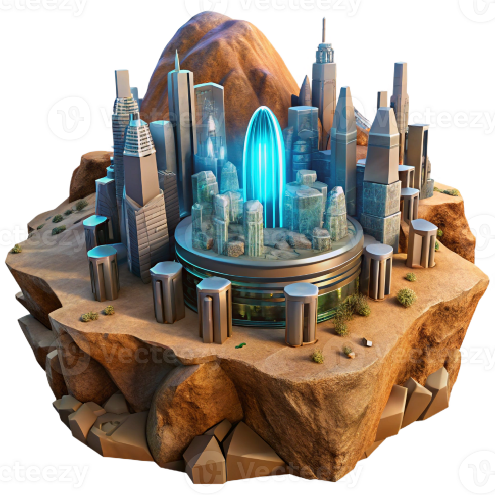 serene modern A futuristic desert city built into sandstone cliffs, illuminated by the harsh sunlight and glowing holographic signage, in a sci-fi, cinematic style original png