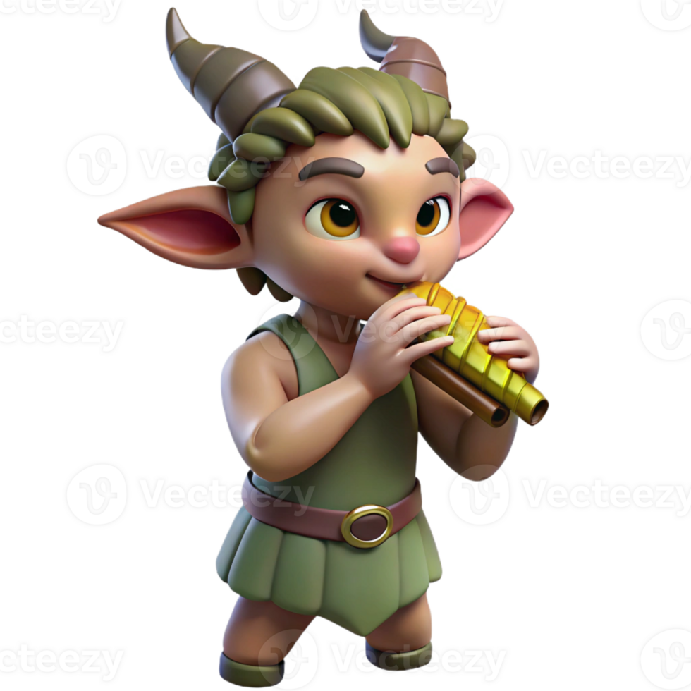 beautiful modern A mischievous satyr playing a pan flute in a sun-drenched forest glade, rendered in a whimsical, storybook style detailed png