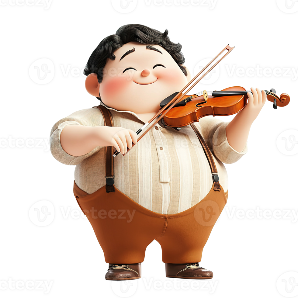 A cheerful cartoon character playing a beautiful wooden violin instrument png