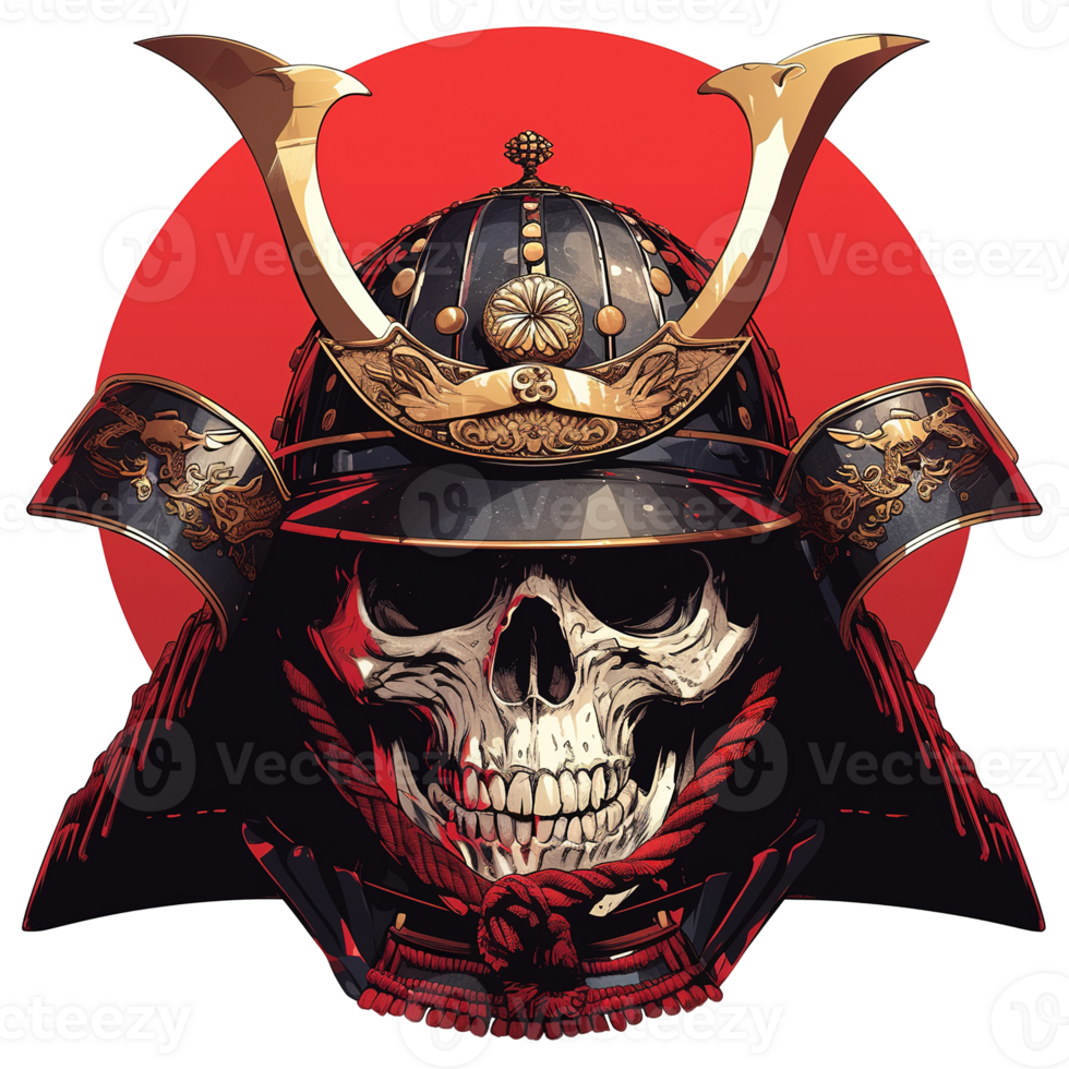 A skeletal warrior with elaborate helmet against a red circle png