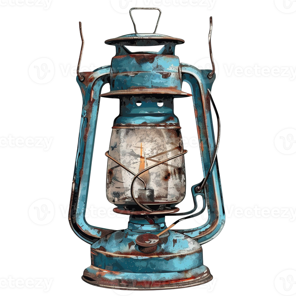 A vintage lantern displaying wear and rust with a bright light inside png