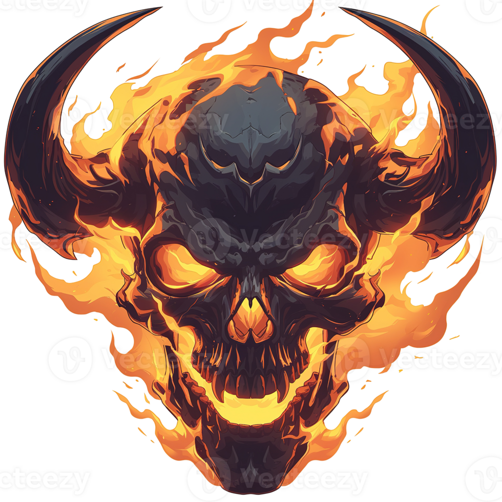 A stylized flaming skull with horns depicted in digital art png