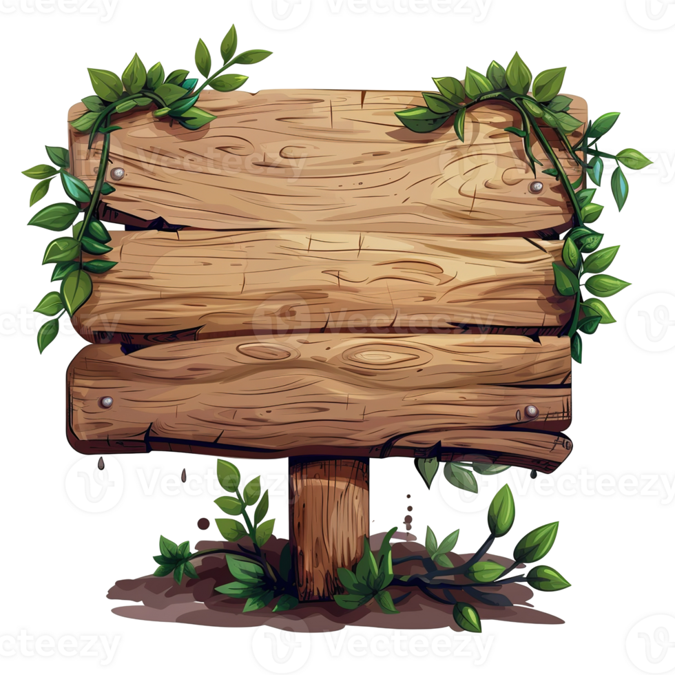 A wooden sign with green leaves and vines decorating it png