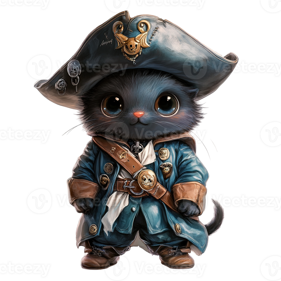 A cute cartoon cat character is dressed as a pirate png