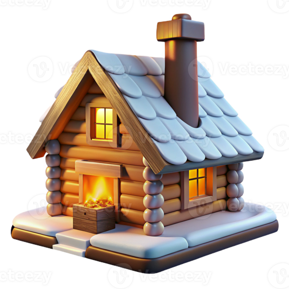 serene traditional A cozy log cabin with a stone fireplace and snow-covered roof, lit by the warm glow of a fire, in a rustic, painterly style 4K png
