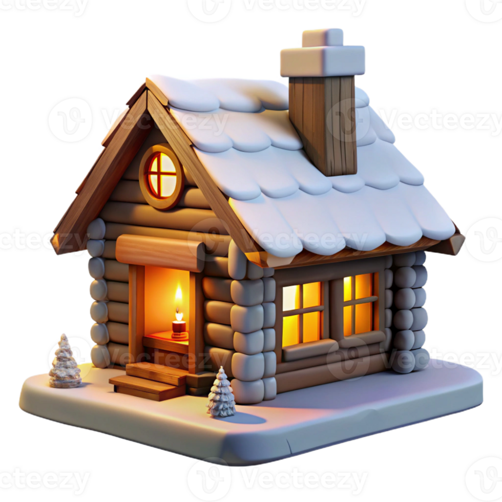 wonderful artistic A cozy log cabin with a stone fireplace and snow-covered roof, lit by the warm glow of a fire, in a rustic, painterly style authentic png