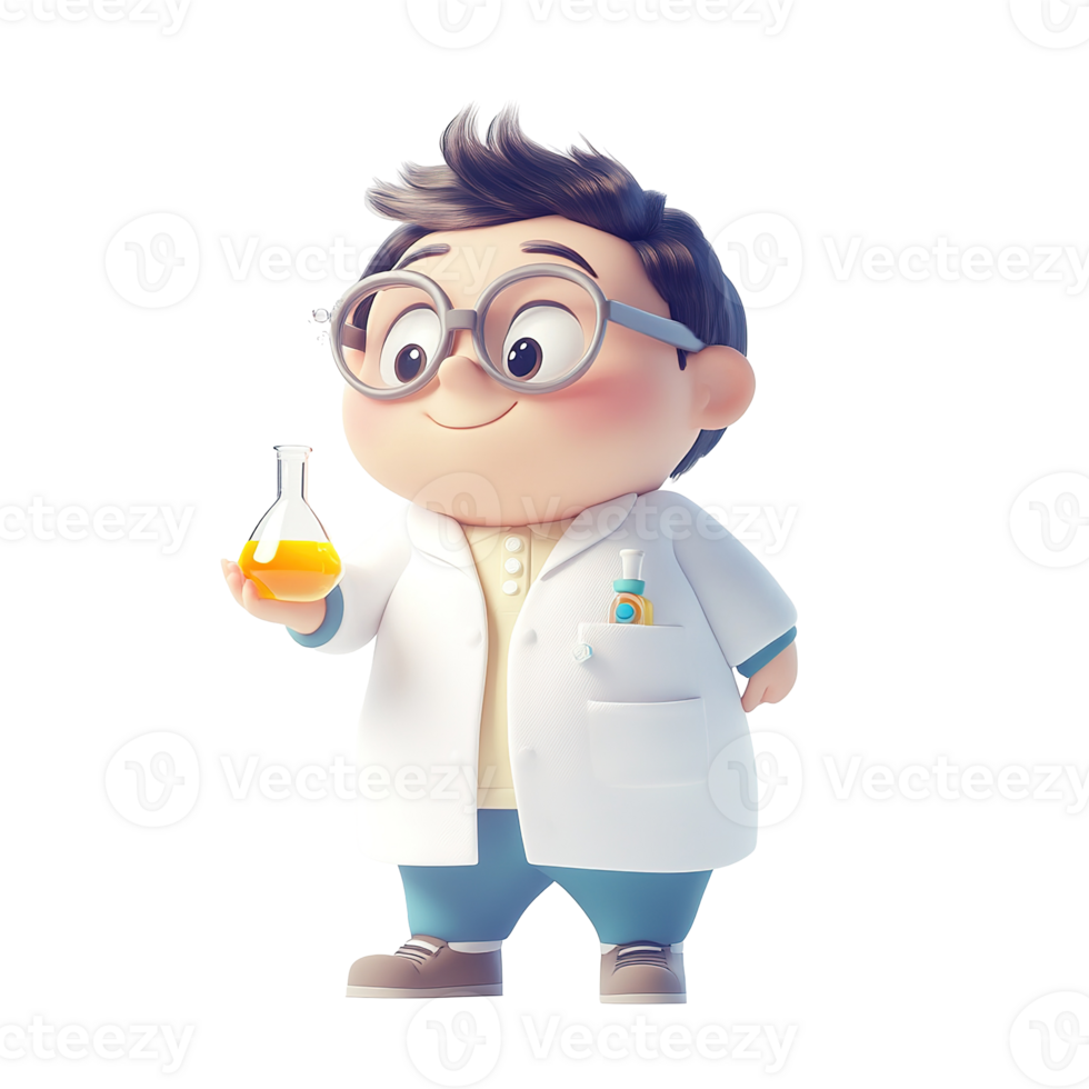 A Smiling Cartoon Scientist Holding a Flask of Yellow Liquid png