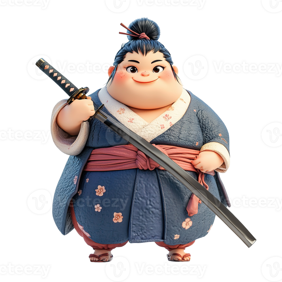 An animated female character holds a katana sword and smiles png