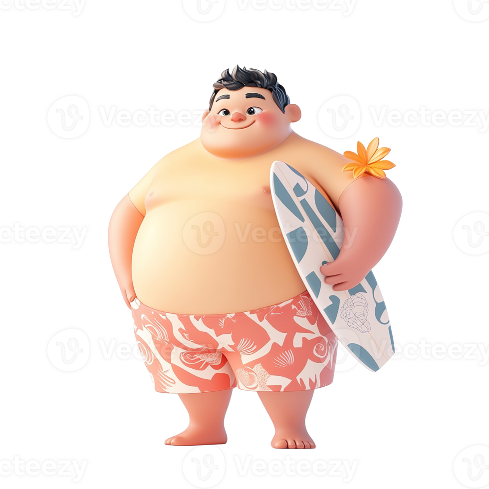 A chubby cartoon character holds a surfboard on the beach png