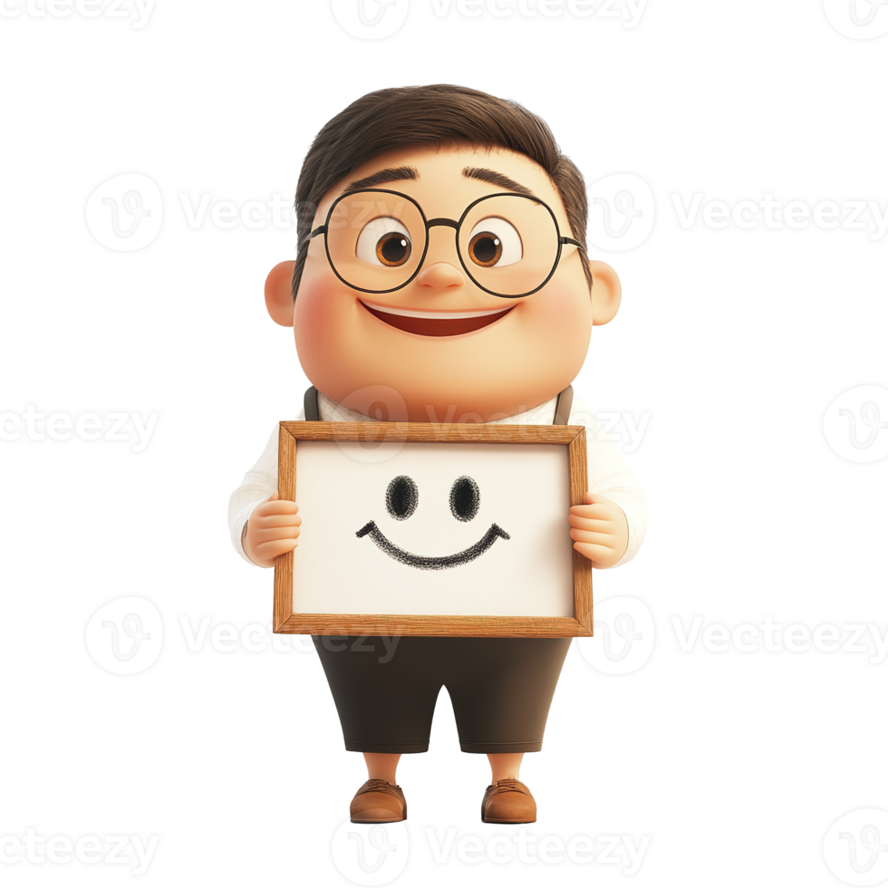 A smiling cartoon character holding a picture of a happy face png