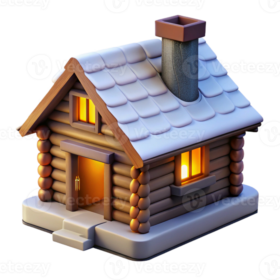 impressive creative A cozy log cabin with a stone fireplace and snow-covered roof, lit by the warm glow of a fire, in a rustic, painterly style detailed png