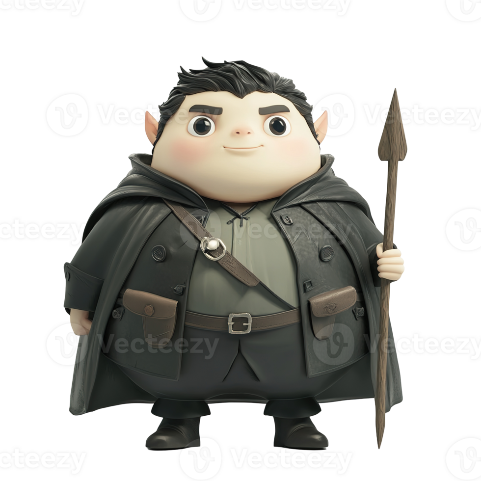 A stylized character with a spear and dark outerwear is shown png