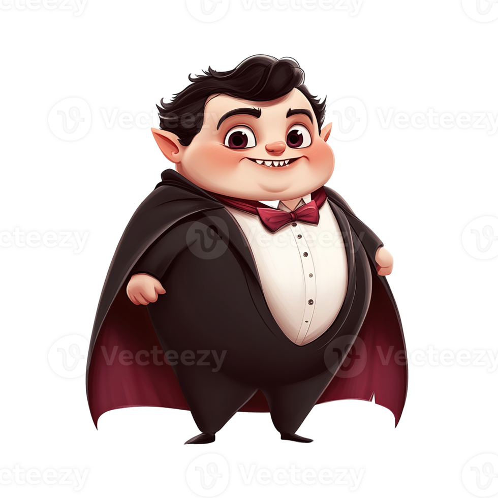A cute cartoon vampire smiling with a dark cloak and suit png