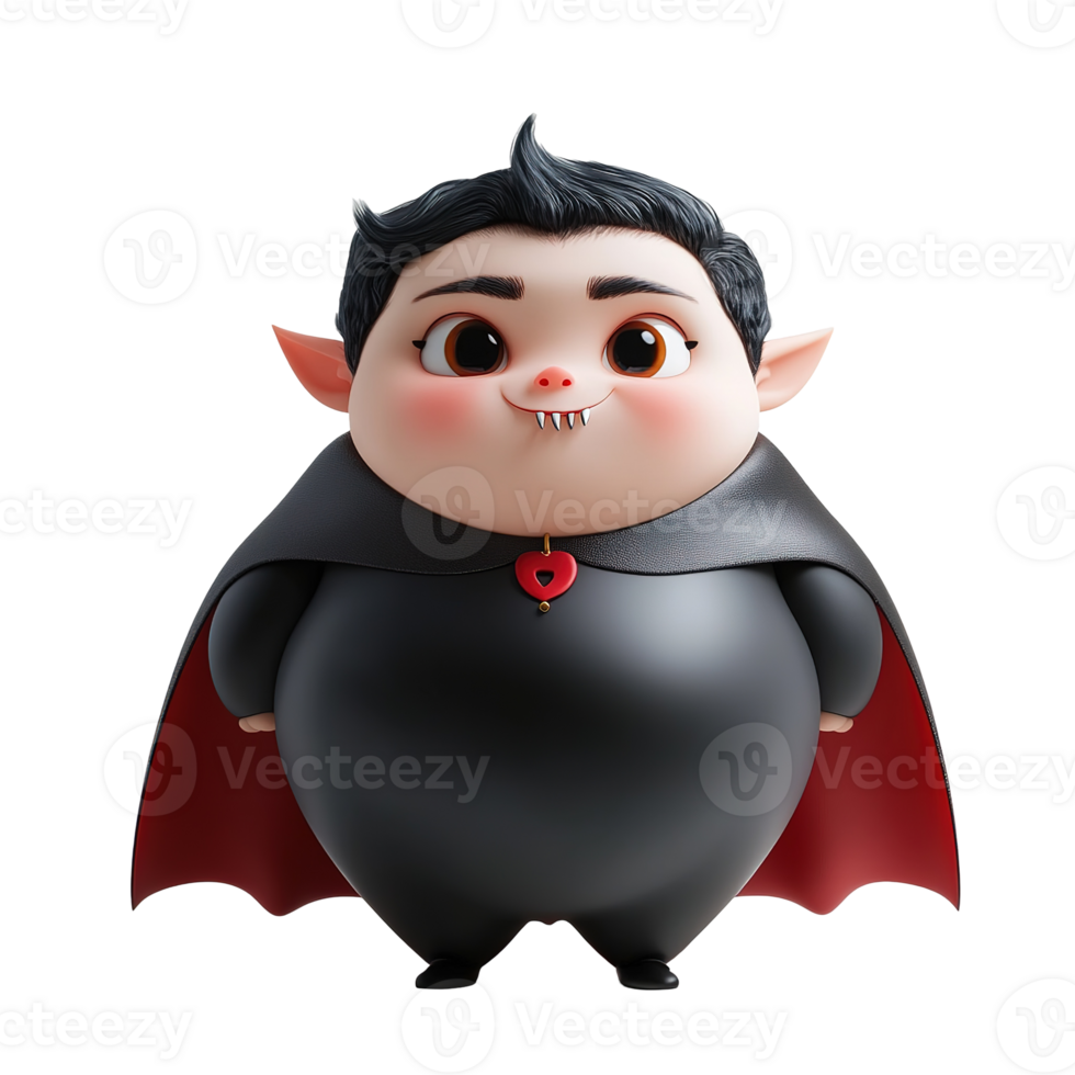 A cute cartoon vampire character wearing a black cape with a heart pendant png