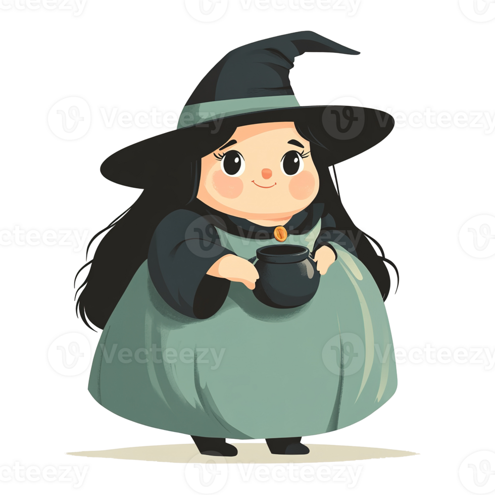A cute smiling cartoon witch holding a small black cauldron png