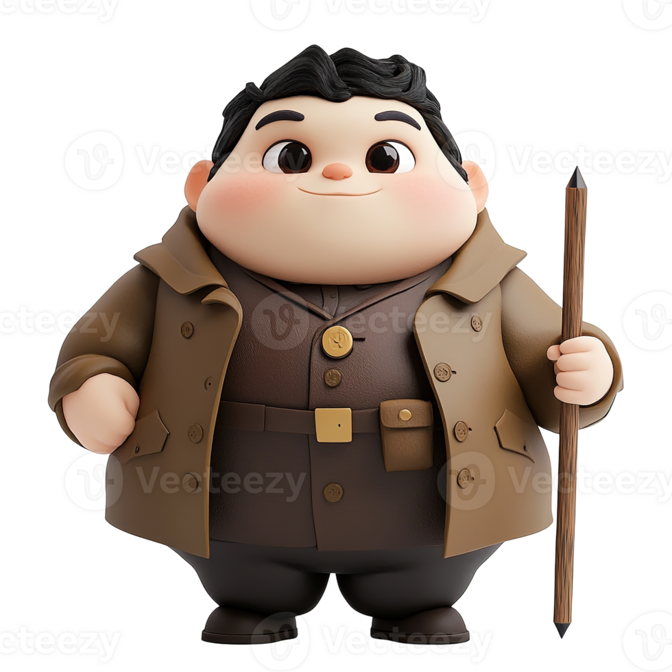 A Friendly Cartoon Character Wearing a Brown Coat and Holding a Stick png