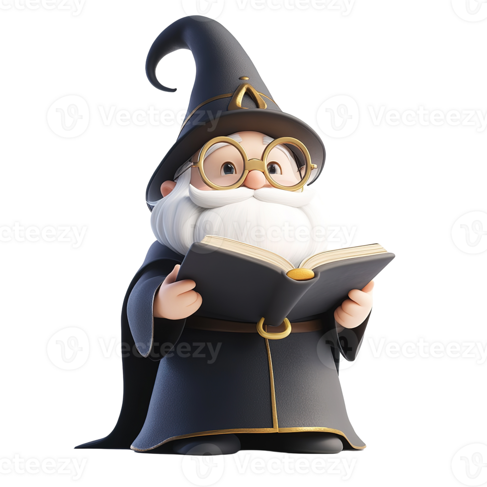 A cartoon wizard with a hat reading from an open book png