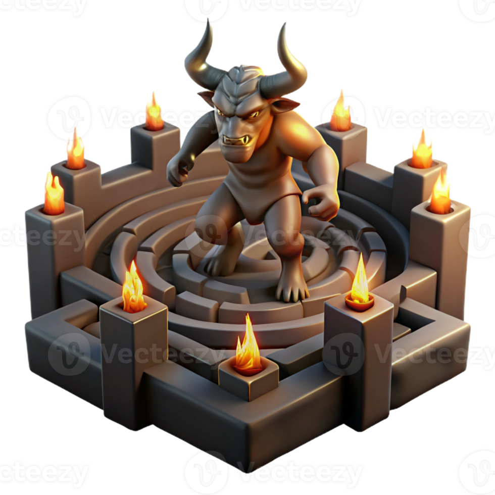 wonderful rustic A fierce minotaur trapped within a labyrinthine maze, lit by flickering torches, rendered in a dark, chiaroscuro style genuine png