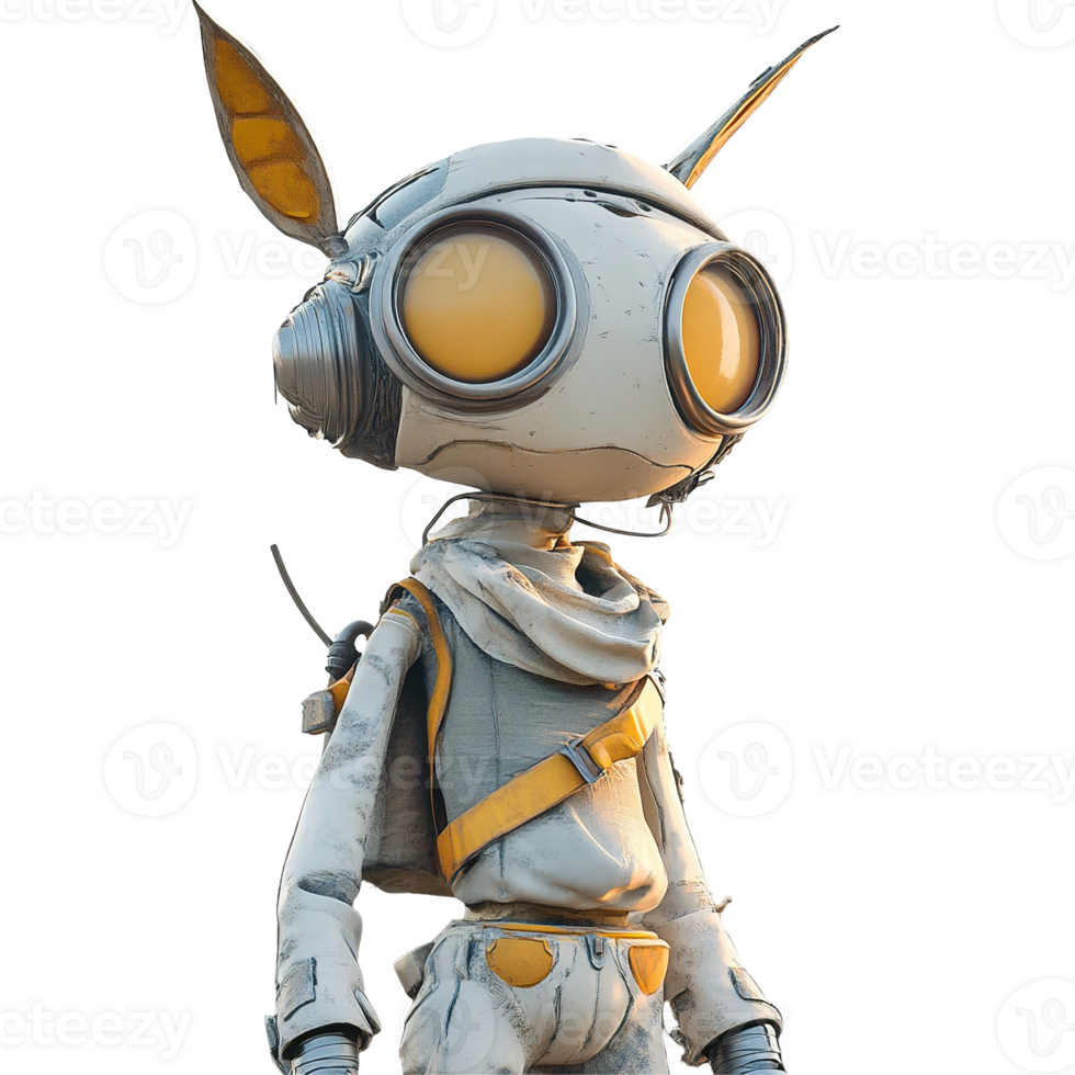 A digitally rendered robot character with large eyes and antennas png