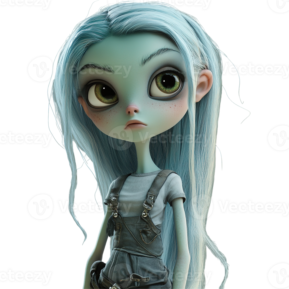A digitally rendered character with large eyes and blue hair png