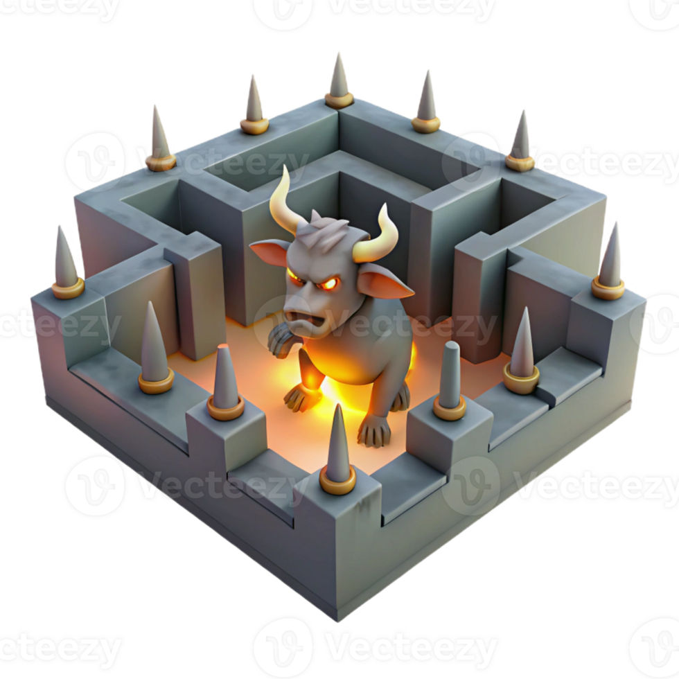 serene traditional A fierce minotaur trapped within a labyrinthine maze, lit by flickering torches, rendered in a dark, chiaroscuro style authentic png