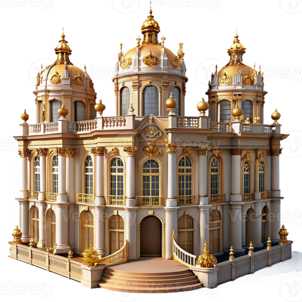 serene minimalist An elaborate Baroque palace with ornate sculptures and gilded balconies, illuminated by the bright sunlight, in a grand, historical style detailed png