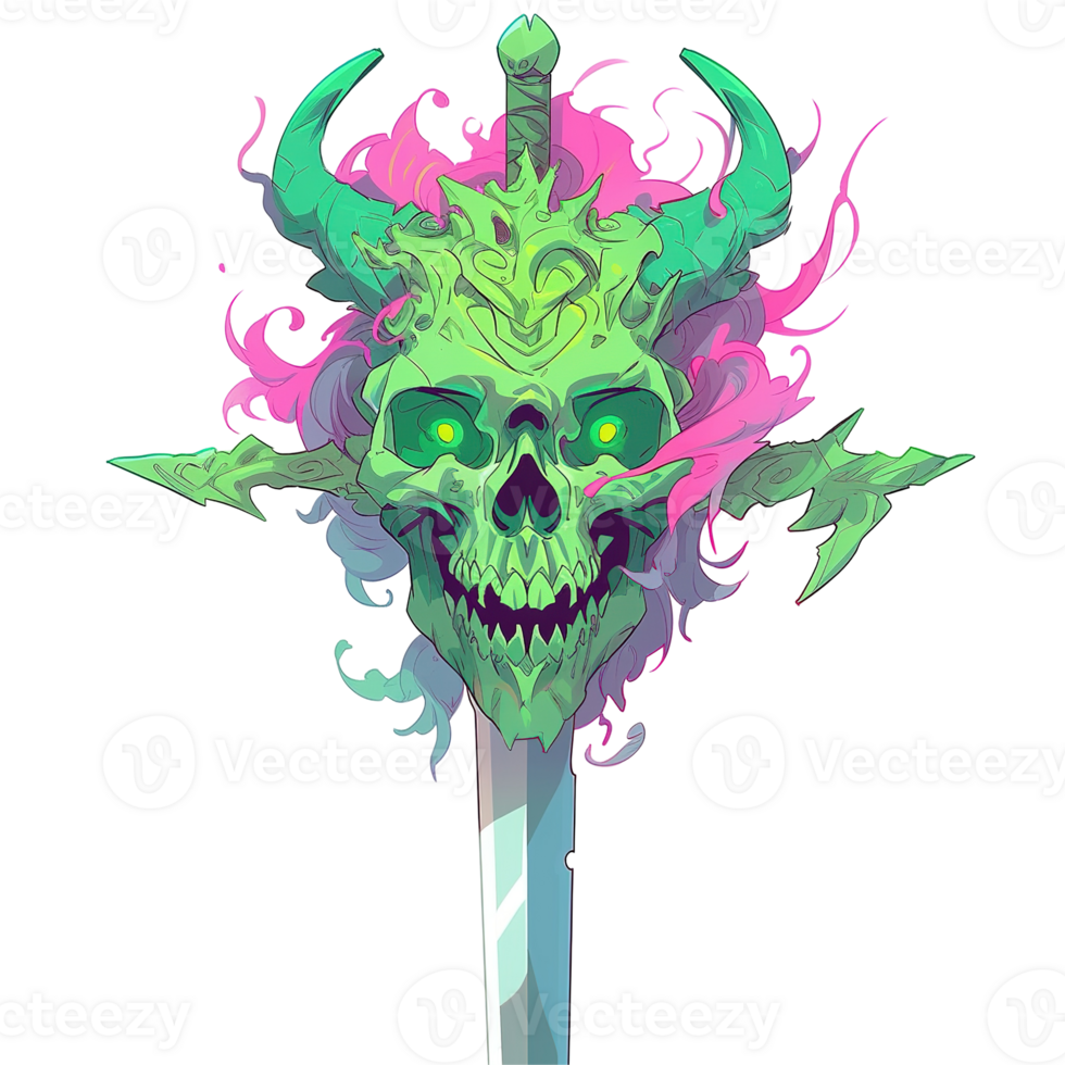 A stylized illustration showing a skull head with horns on a sword png