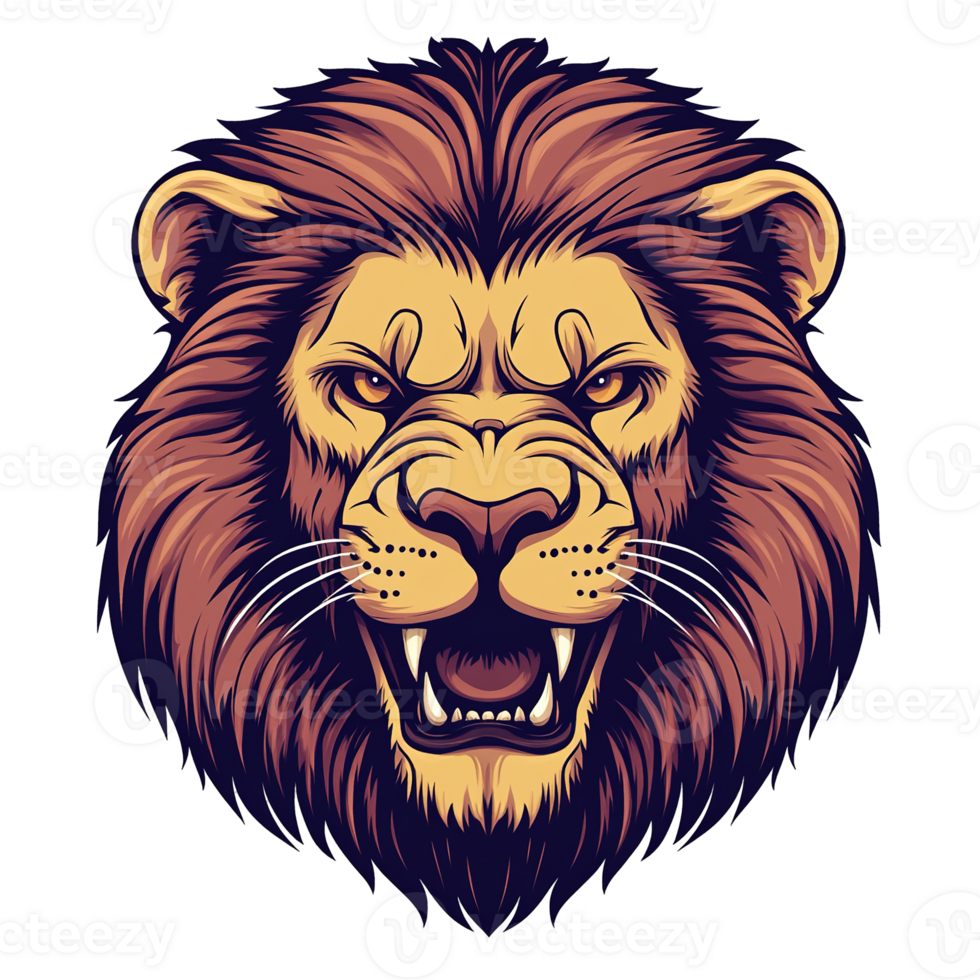 A regal and fierce lion head with a snarling expression png