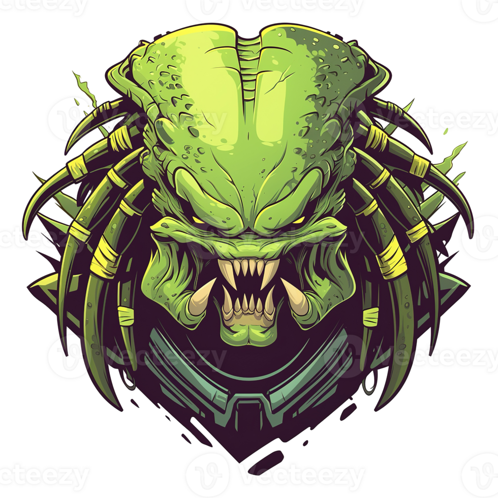A fearsome alien creature with sharp teeth stares intensely forward png