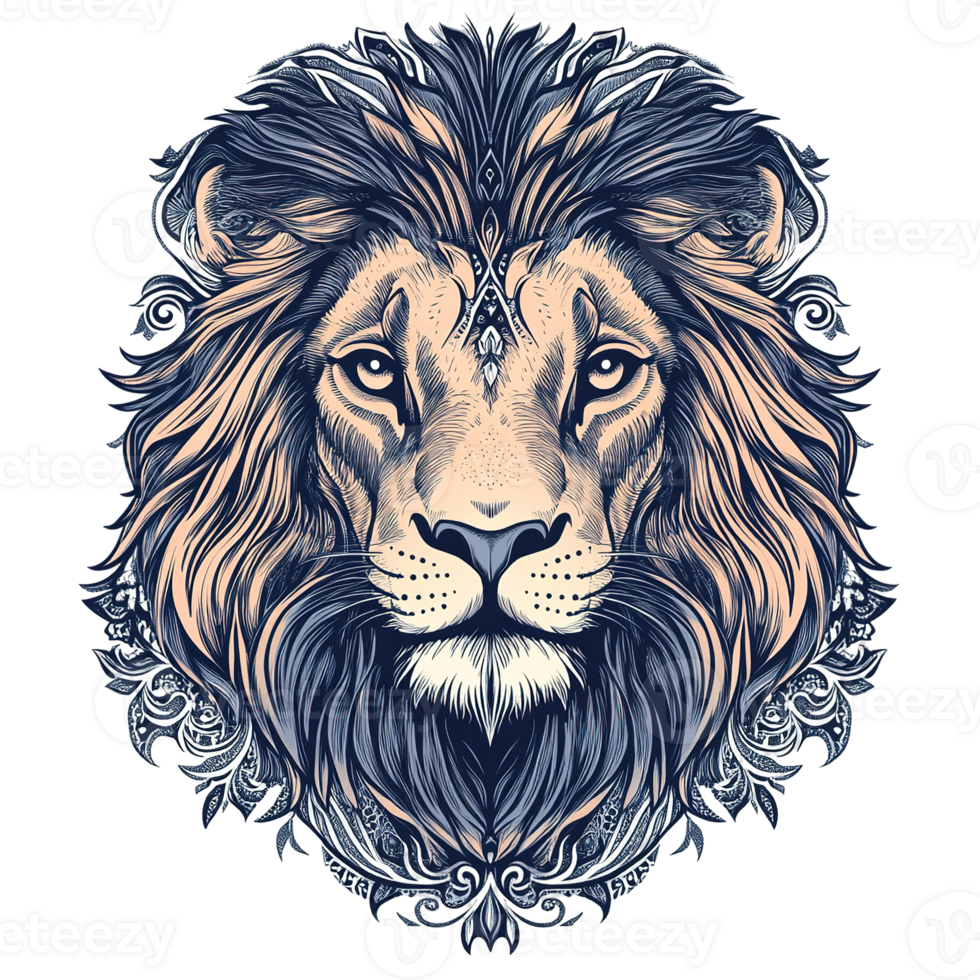 A detailed and intricate illustration of a majestic lion face png
