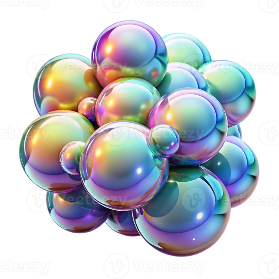 stunning abstract A cluster of floating, iridescent bubbles reflecting the surrounding environment, illuminated by a rainbow of colors, in a whimsical, playful style premium png