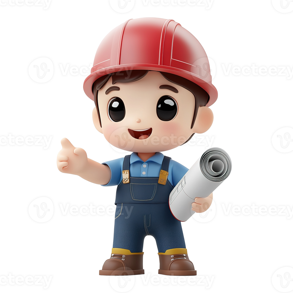 Smiling animated construction worker with blueprints and positive gesture png