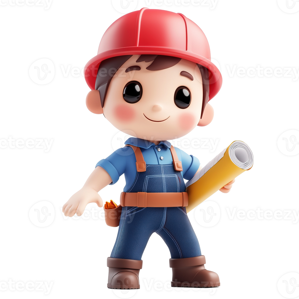 Cartoon depiction of a construction worker holding building blueprints proudly png