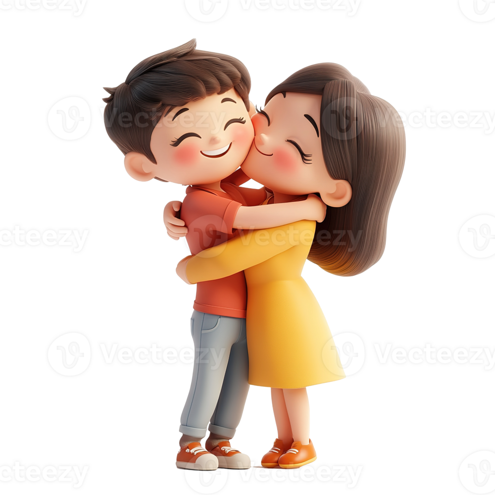 Cartoon couple hugging and sharing a sweet kiss on the cheek png
