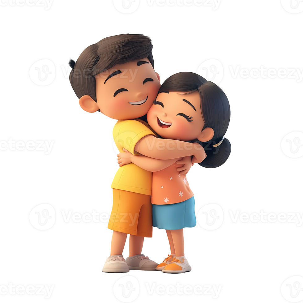 Two smiling cartoon children are enjoying a warm embrace of affection png