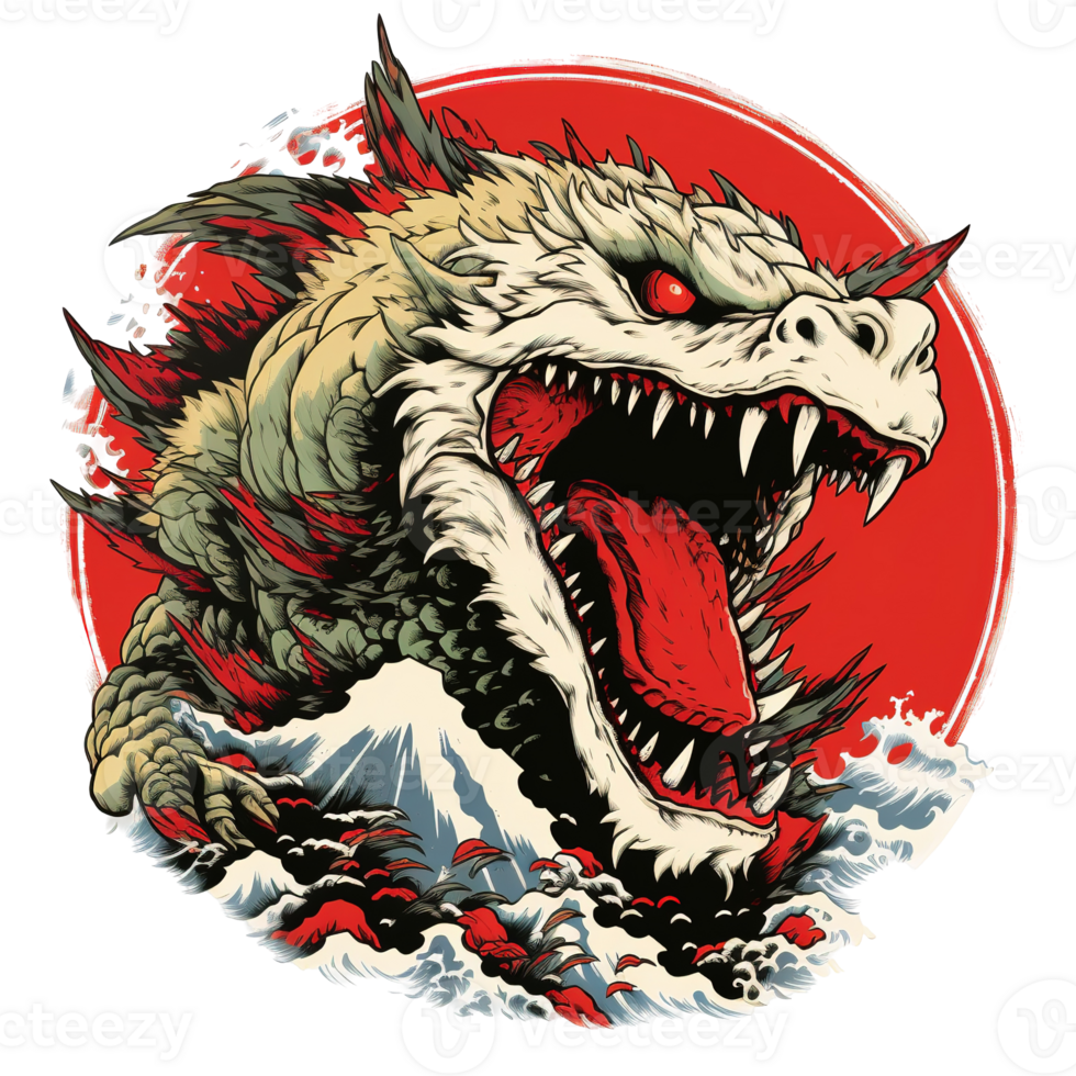 A fearsome sea monster emerging with a mountain in the background png